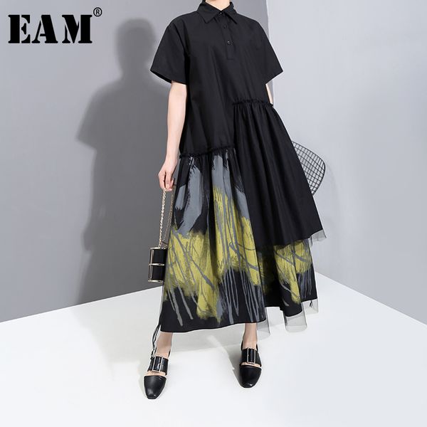 

eam] women black pattern printed mesh big size shirt dress new lapel short sleeve loose fit fashion spring summer 2020 1t862, Black;gray