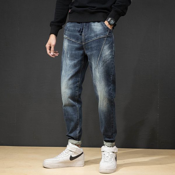 

fashion streetwear men jeans loose fit spliced designer harem pants elastic waist korean style hip hop jeans men pencil pants, Blue