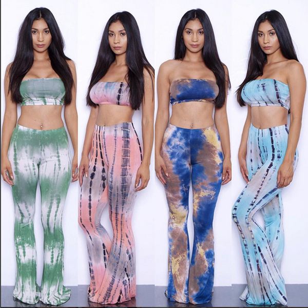 

15 Colors Tie Dye Flare Pants Women Tracksuits American Hot Sale Wide Leg Pants + Sexy Bra Crop Tops Women Pants 2 Piece Set Track Suit
