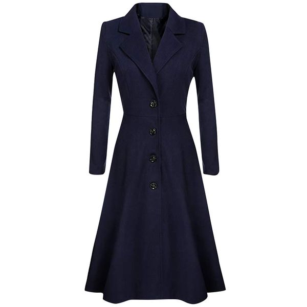 

new autumn winter women casual coats turn-down collar warm trench long sleeve slim outwear lapel button waist manteau femme, Black
