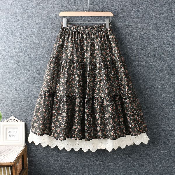 

2020 new style spring sweet elastic waist embroidered hem floral print skirts cotton linen loose skirt women's, Black