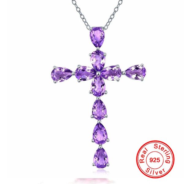 

luxury cross amethyst pendant 925 sterling silver necklace for women purple gemstone clavicle pendant necklace fine jewelry