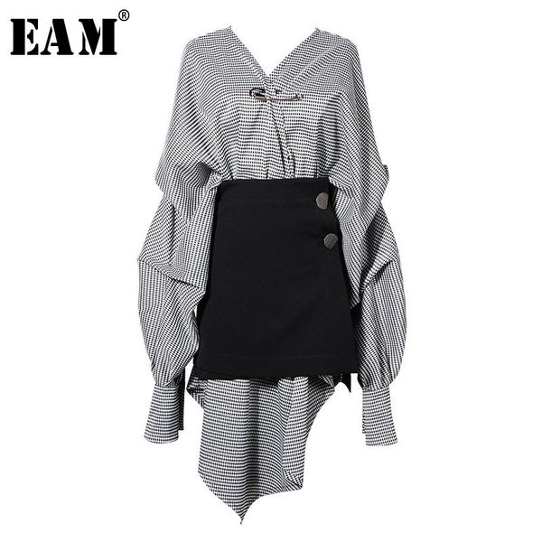 

eam] 2020 new spring summer v-collar long lantern sleeve black plaid stitch irregular two piece dress women fashion tide jg892, Black;gray