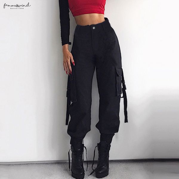 

повседневный stretch высокой талией solid side большой карман женщины hip hop блудниц грузовой jogger карандаш штаны bottom, Black;white