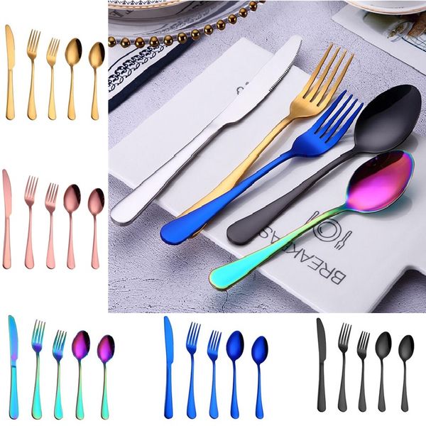 Colorido 5 Pçs / conjunto de talheres de talheres Talheres Talheres Faca Faca Colher Colher Teaspoon Acessórios de Cozinha para Casamento Casa Festas