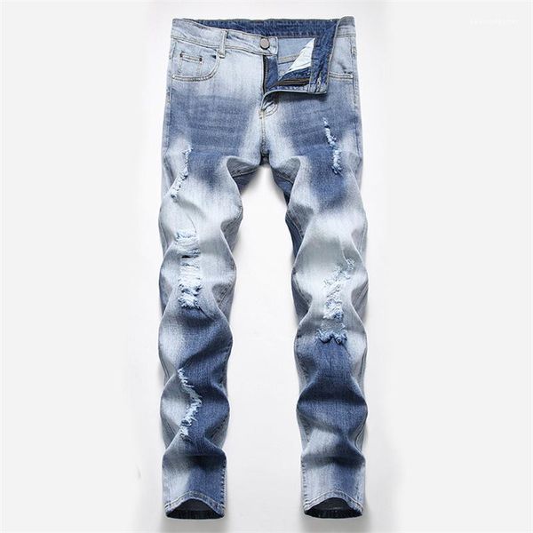 

hole jeans ripped zipper fly pencil pants fashion washed casual boys trousers with pockets mens spring distrressed, Blue