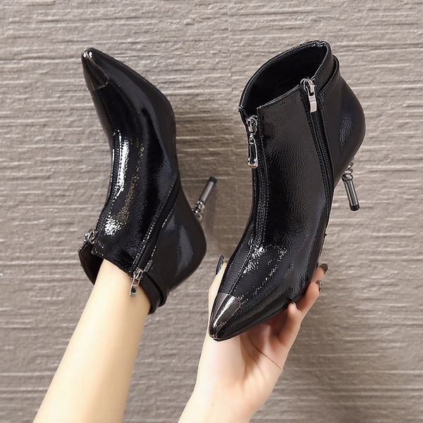 

white ankle boots winter shoes for women booties woman 2019 high heels luxury designer boots-women zipper low 2020 rubber, Black