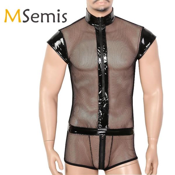 

mens lingerie fishnet bodysuit one-piece see through sheer high neck cap sleeves transparent zippered crotch leotard bodysuit