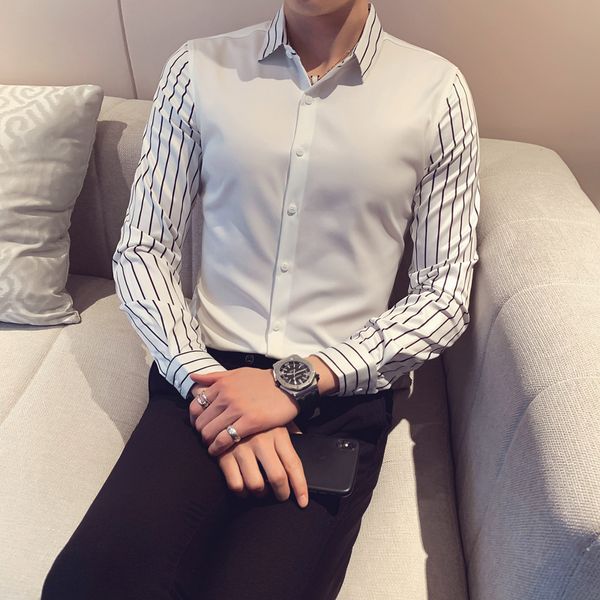 

shirt men long sleeve striped shirt men stripe button down dress blouse han edition cultivate one's morality, White;black