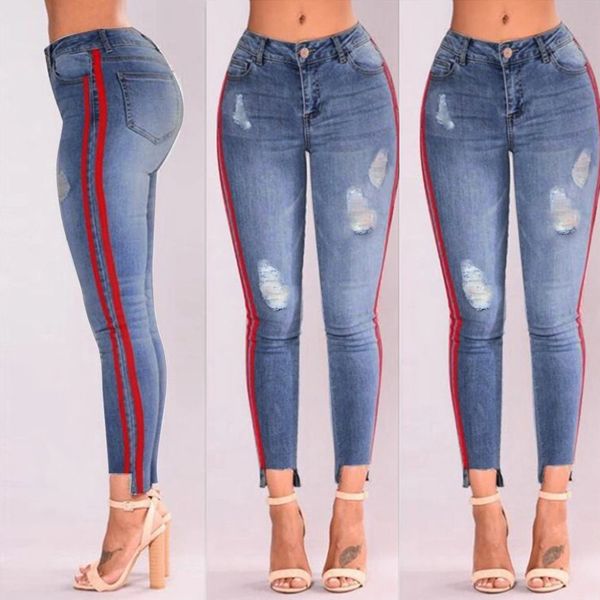 

women autumn winter pants 2019 new fashion winter denim high-waist ripped stretchy hole pencil pants jeans trousers y820, Blue
