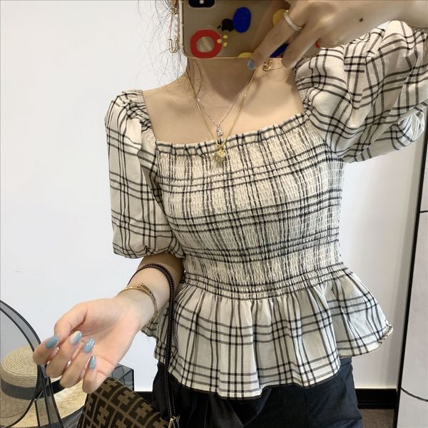 

ins style art word shoulder bubble sleeve plaid waist slim female ins style art word shoulder bubble sleeve plaid waist slim female, White