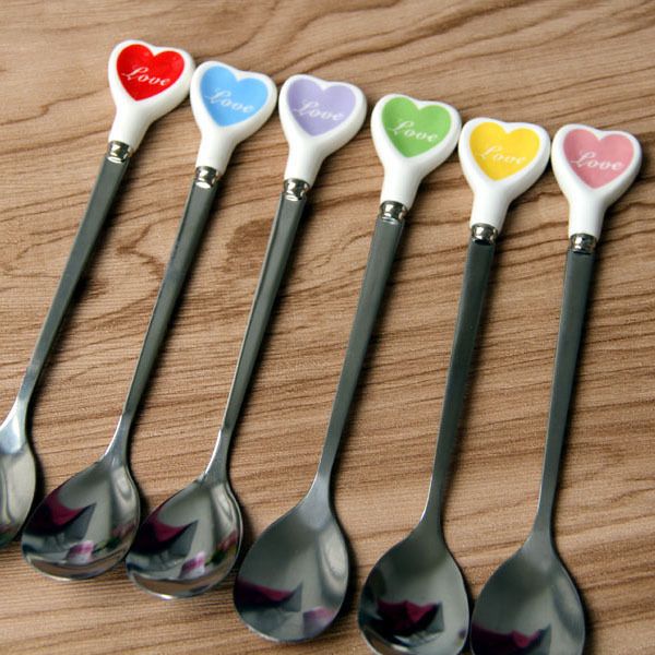 

colorful love heart-shaped ice cream spoon ceramic handle stainless steel cutlery creative stir spoon coffee dessert tea