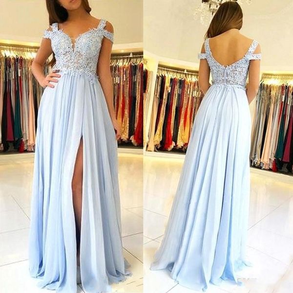 Azul claro A linha de vestido de dama de honra elegante fora do ombro Appliqued Chiffon Side Split vestido de convidado do casamento Plus Size Prom Evening Dress BC2485
