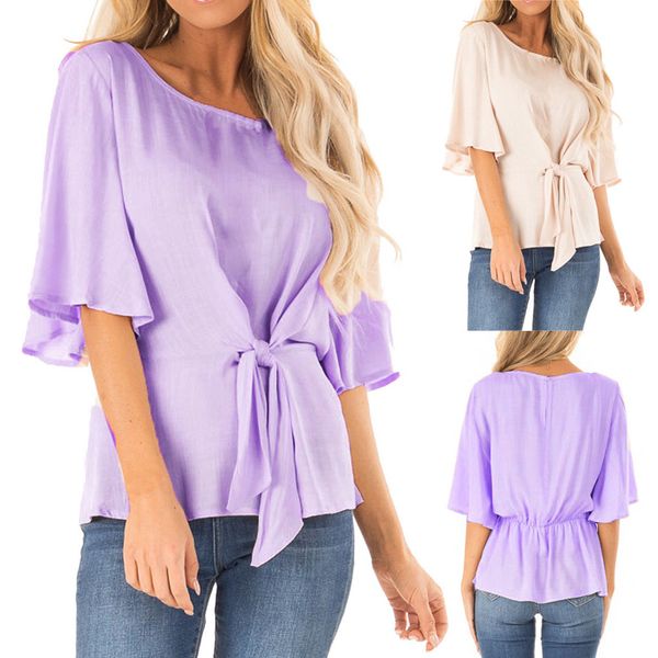 

tee shirt femme 2019 womens fashion half sleeve solid round neck tie t-shirt casual bandage slim camiseta mujer modisÂ, White