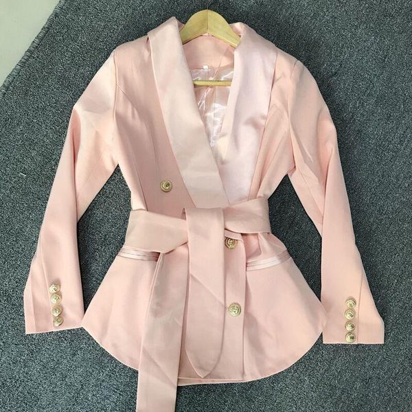 

2020 fall winter women's metallic gold buckle double breasted shawl collar belted pink & black, Black;brown