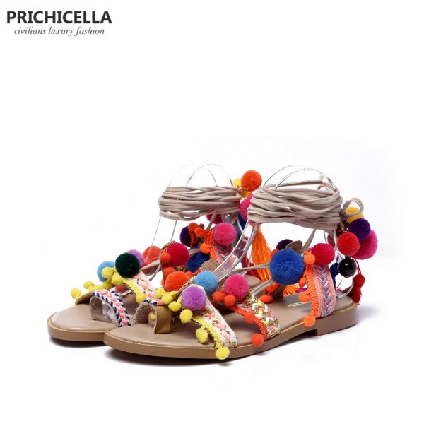 

prichicella зашнуровать pom pom сандалии неподдельной кожи гладиатор квартиры женщины лето бахромой обувь size35-41 cj191220, Black