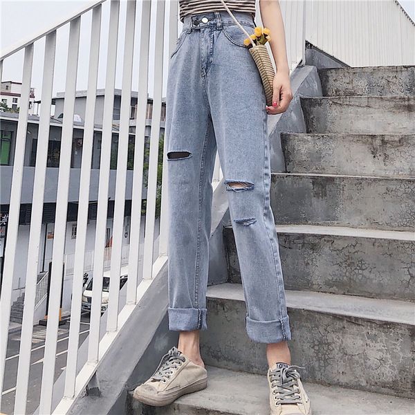 

dark blue female temperament elastic waist jeans tassels straight