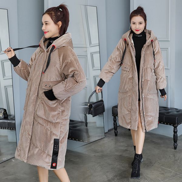 

fashion winter jacket women thick corduroy long parka 2019 new cotton pocket zipper parkas winter jacket female plus size, Tan;black