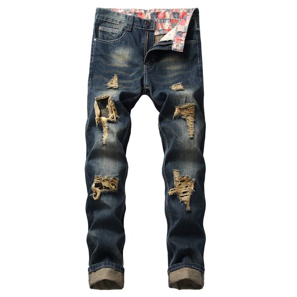 

kimsere men vintage destroyed jeans pants with holes retro ripped denim trousers distressed torn jeans straight plus size 28-42, Blue