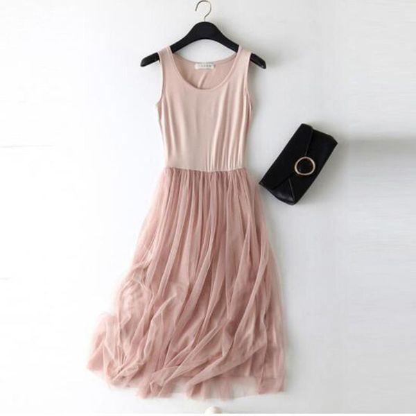 

sleeveless mesh patchwork basic spaghetti strap dress for women 2020 spring tulle elastic lace vest summer dress female, Black;gray