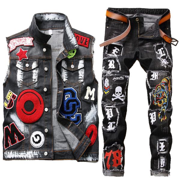 

denim 2 piece sets mens washed embroidered suits eagle head paint vest + frayed tiger skull badge slim small feet stretch jeans, Gray
