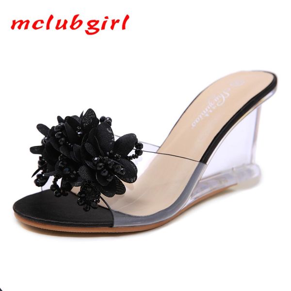 

mclubgirl women sandals slope sandals summer 2019 crystal transparent high heels rhinestone slope heel drag lfd-833-23, Black