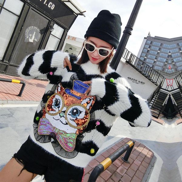 

autumn and winter ladies sweater female 2019 autumn tide brand new thin wild black and white striped sequin sweater, White;black