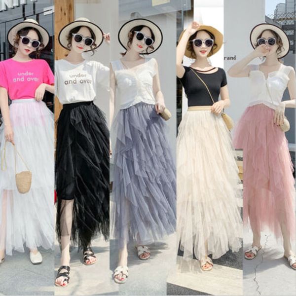 

women tulle petticoat maxi long skirt summer irregular stylish fairy tutu multilayer skirts for beach holiday, Black