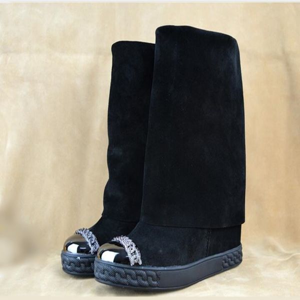 

selling black suede height increasing boots metal chain round toe rubber sole fold over winter flat boots real p