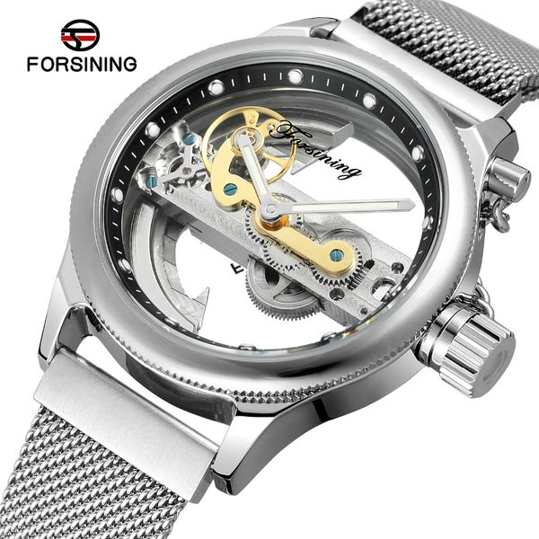 

transparent automatic mechanical watches women men stainless steel mesh strap vintage skeleton watches luminous male clocks, Slivery;brown