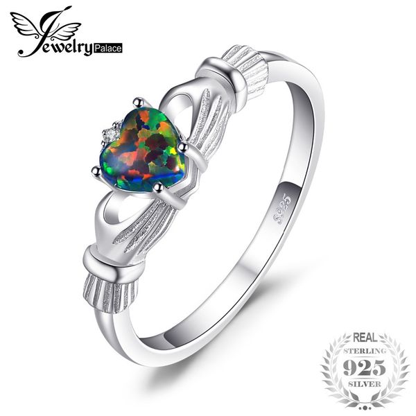 Jewelrypalace Siyah Ateş Opal Çok Molor İrlanda Claddagh Halkası Katı 925 STERLING Gümüş Halkalar Aşk Kalp Gökkuşağı Taş Takı J190528