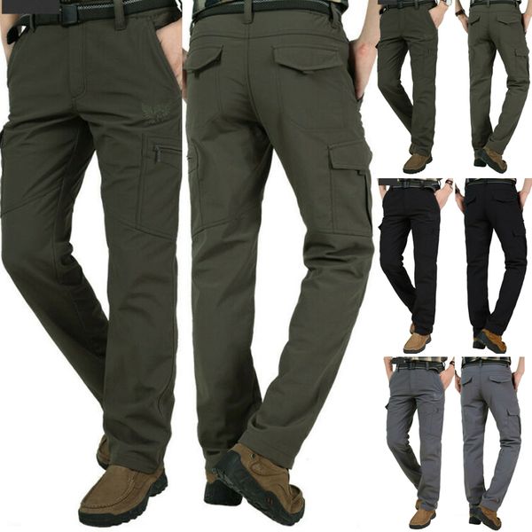 

men pants warm outdoor quick-drying mid-waist pants loose large size multi-pocket male overalls pockets, Black