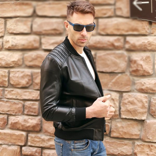 

black sheepskin genuine leather bomber jacket men 2019 new real leather flight jacket slim lambskin motorcycle aviation coats
