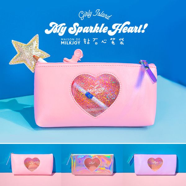 

1 pcs kawaii pencil case diamond heart pu gift estuches school pencil box pencilcase bag school supplies stationery
