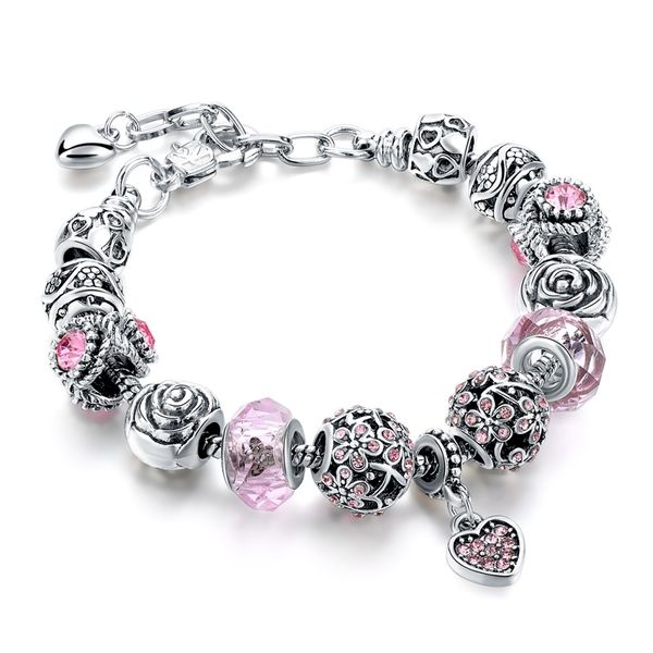 

attractto pink heart charm bracelets for women flower beads bracelets bangles pulseria diy fashion jewelry bracelet sbr160279