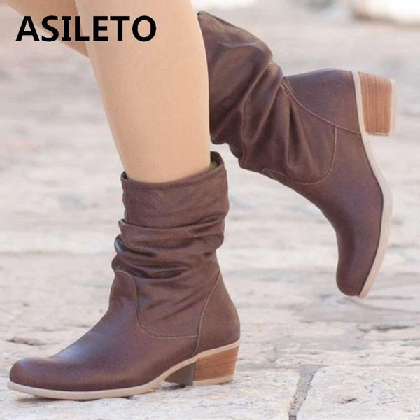 

asileto women shoes motorcycle boot women riding boots cowboy slip on mid calf shoes botas feminino zapatos mujer b991c, Black