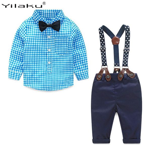 

yilaku baby boy clothes long sleeve newborn baby sets infant clothing gentleman suit plaid shirt+bow tie+suspender trouser ff032, White