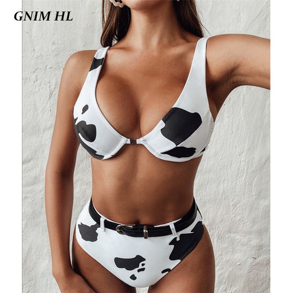 

gnim high waist cow print bikini mujer 2020 swimwear women with belt summer beachwear bathing suit women two piece swimsuit