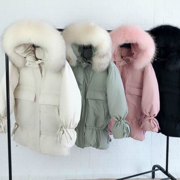 

down jacket winter white duck down coat thickened long section oversized natural raccoon fur collar hood warm mid-length coat170, Black