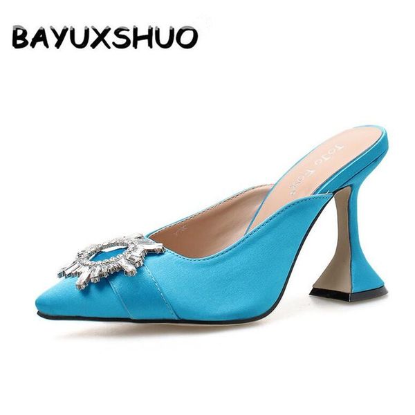 

bayuxshu 2020 sun flower mules pumps women party shoes rhinestone pointed toe crystal high heels ladies wedding dress woman, Black