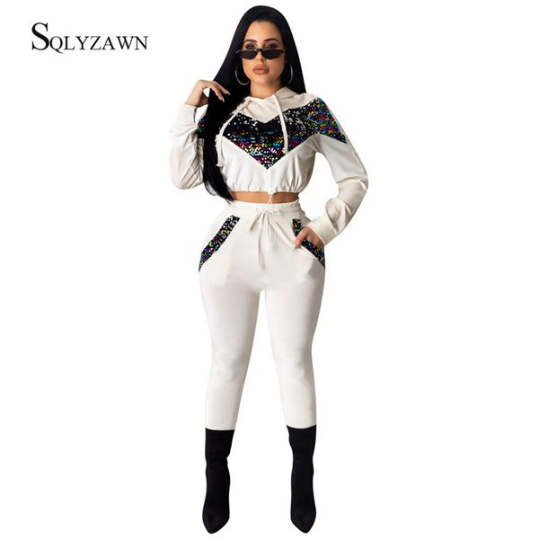 

velvet sequins hoodie fall winter two piece outfit women glitther velour sweat shirt suit jogger pants matching outfit plus size, White