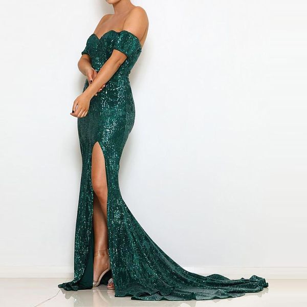 

green wedding party dress off the shoulder silver sequined formal evening dress backless split leg floor length slash neck, White;black