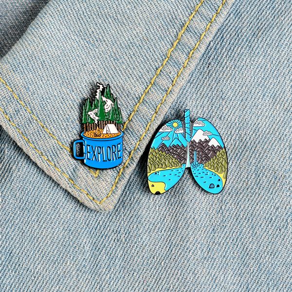 

cute color matching cartoon lung blue landscape brooch cup snow mountain forest pin female child cowboy pendant clothes, Gray