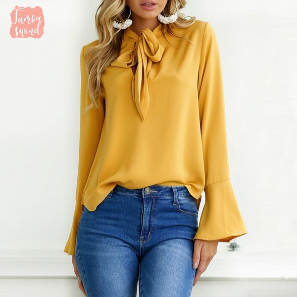 

spring 2019 new блуза твердого длинного flare рукав с коротким рукавом женщина мода топы bow делопроизводство женских рубашек плюс размер, White