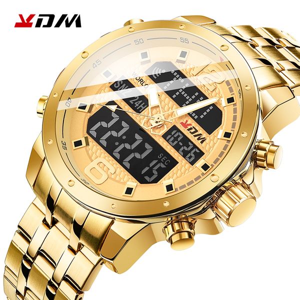 

kdm mens watch quartz digital casual business wristwatch lcd luxury gold stainless steel waterproof sport clock reloj masculino, Slivery;brown