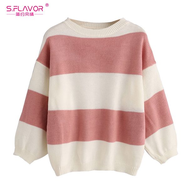 

s.flavor fashion o-neck long sleeves jumper new autumn winter women brief striped pullover sweater female knitted warm clothes, White;black