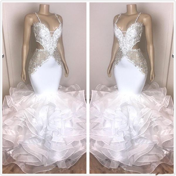 

spaghetti straps organza mermaid prom dresses 2020 lace applique tiered ruffles beaded formal evening party gowns for black girls