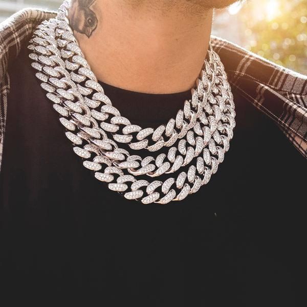 

2019 men hip hop iced out bling chain necklace pave setting rhinestone 20mm width miami cuban chains necklaces hiphop jewelry, Silver