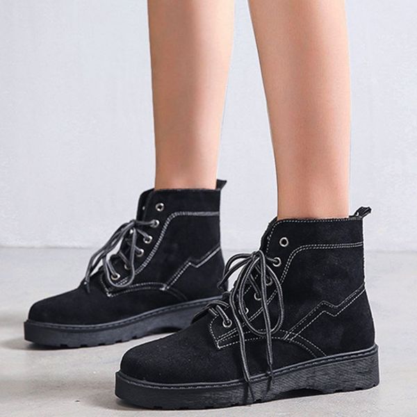 

women shoes boots lace up sewing causal boots ankle shoes cool ankle flat with solid color boot wear-resistant, Black