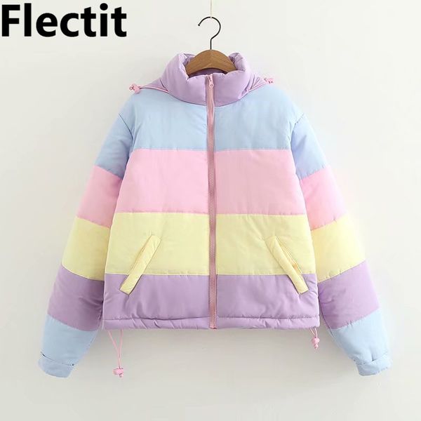 

flectit lazy pastel puffer jacket with hood warm padded coat women winter rainbow bomber jacket harajuku *, Black;brown